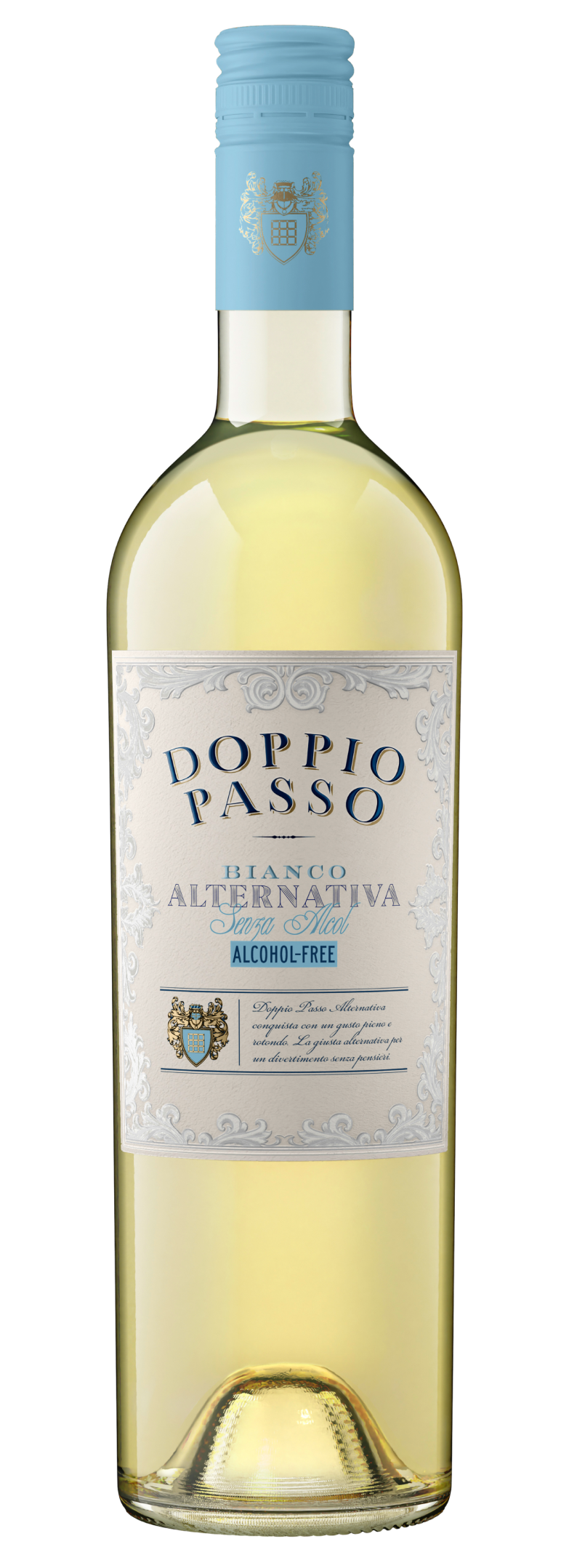 A bottle of Bianco Alternativa Doppio Passo, alcohol-free freshness.