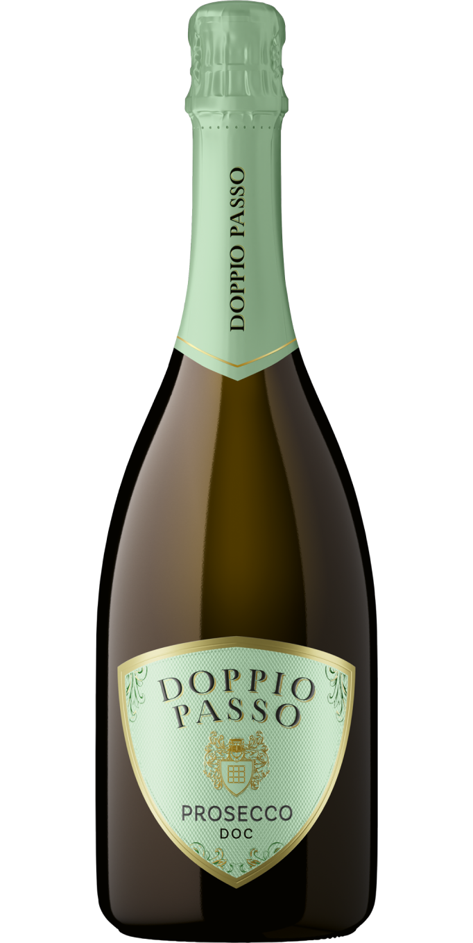 Bottiglia di Prosecco Doppio Passo, fresco e frizzante.