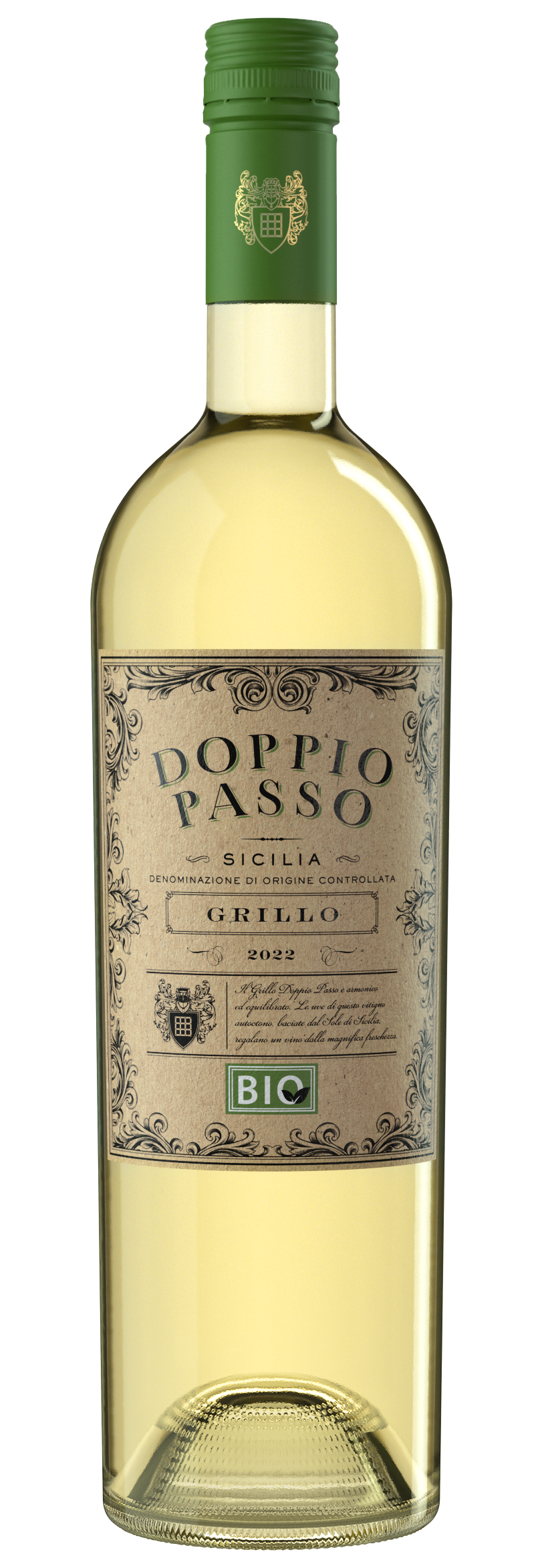 A bottle of Grillo Bio Doppio Passo, fresh and sustainable.