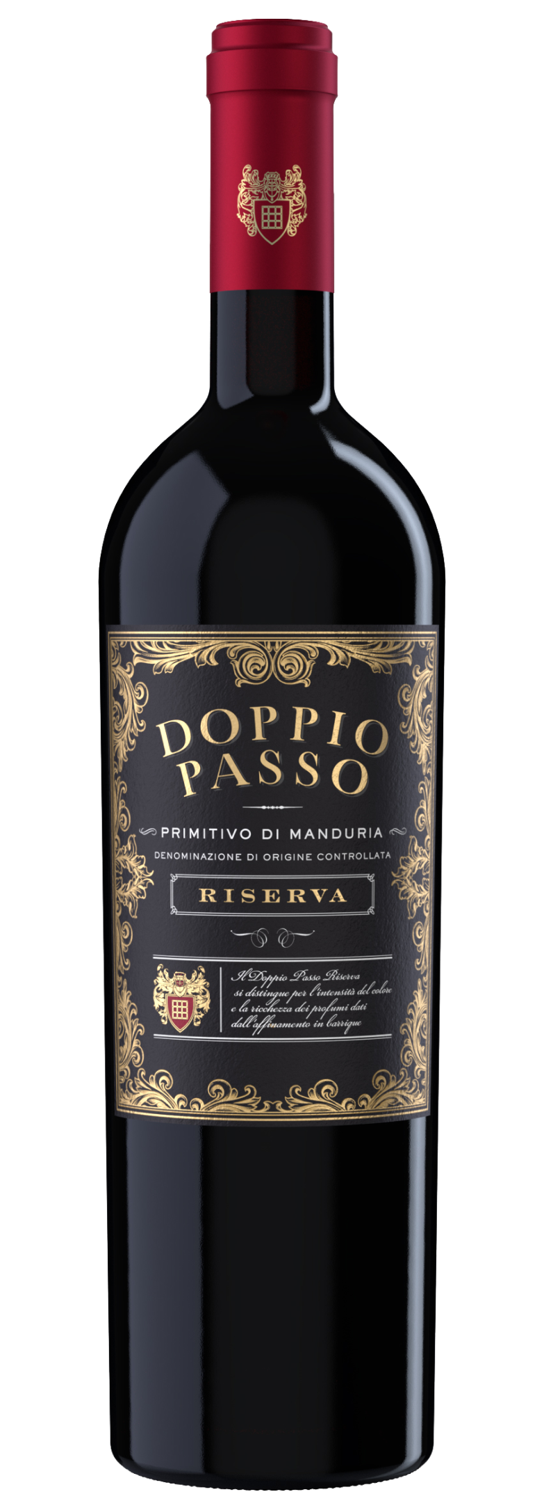 Bottiglia di Primitivo di Manduria Riserva Doppio Passo, elegante e corposo.