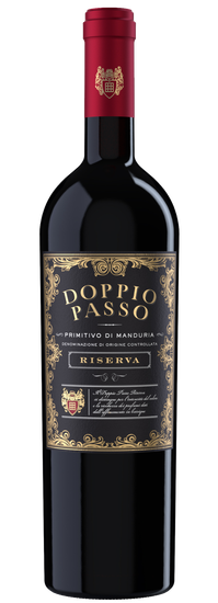 A bottle of Primitivo di Manduria Riserva Doppio Passo, elegant and full-bodied.