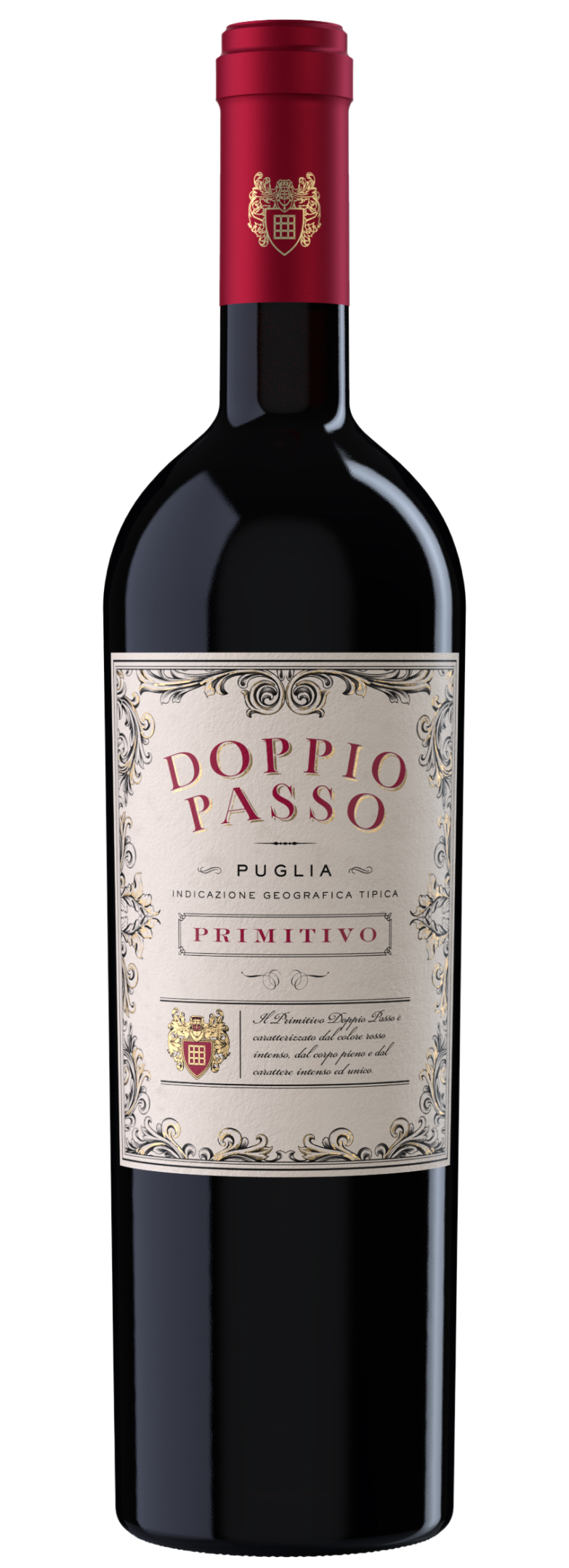 A bottle of Primitivo Doppio Passo, smooth and intense.