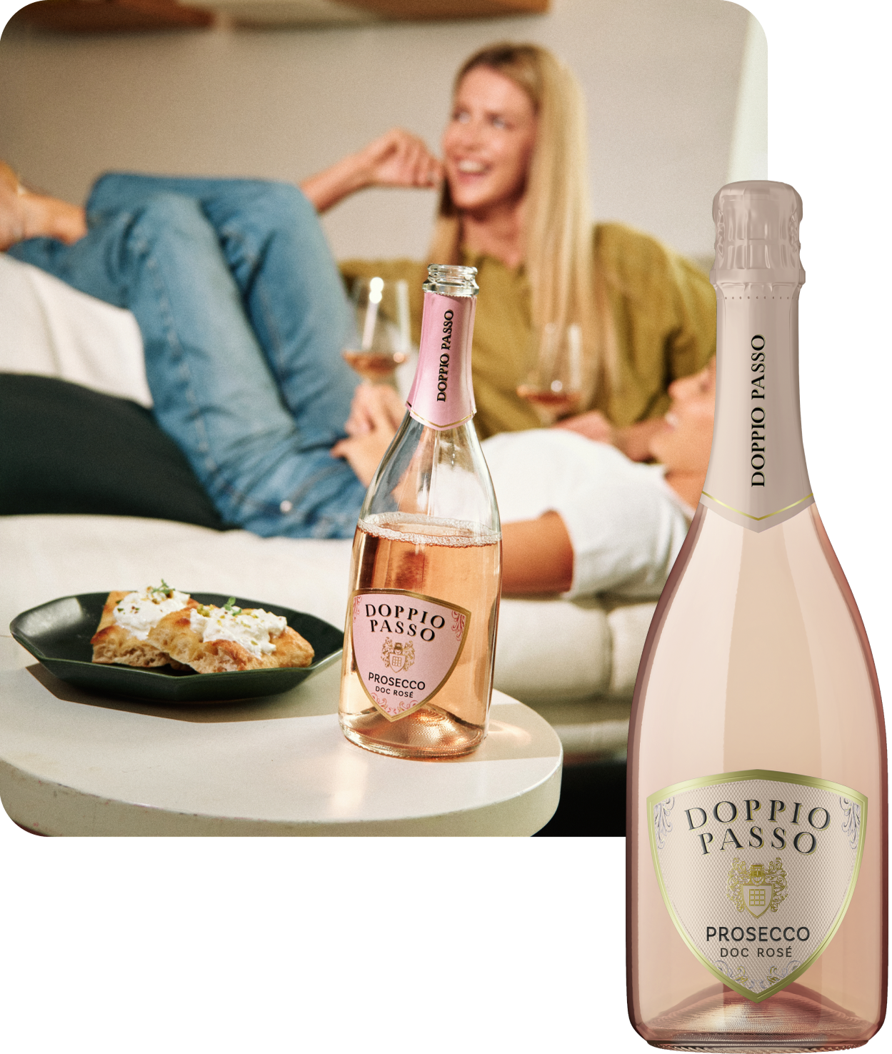 A bottle of Prosecco Rosé Doppio Passo, relaxation and Italian cuisine.