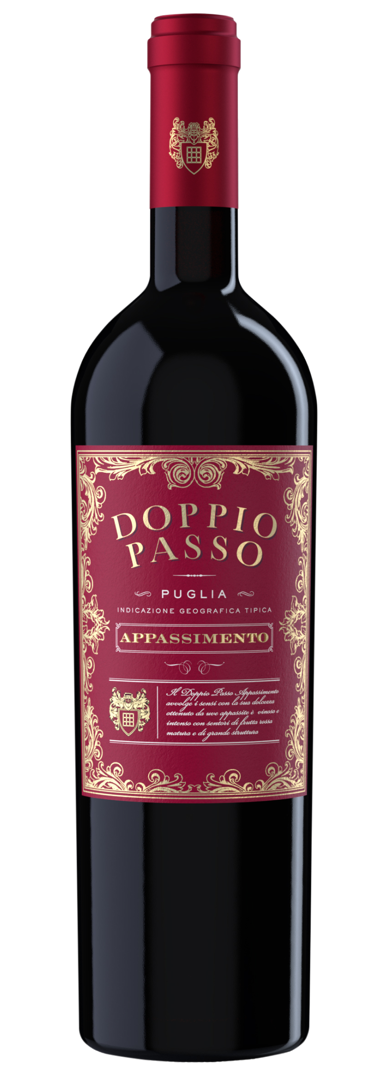 A bottle of Appassimento Doppio Passo, intense and full of flavour.