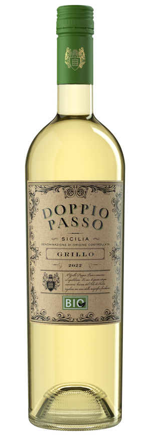 A bottle of Grillo Bio Doppio Passo, fresh and sustainable.