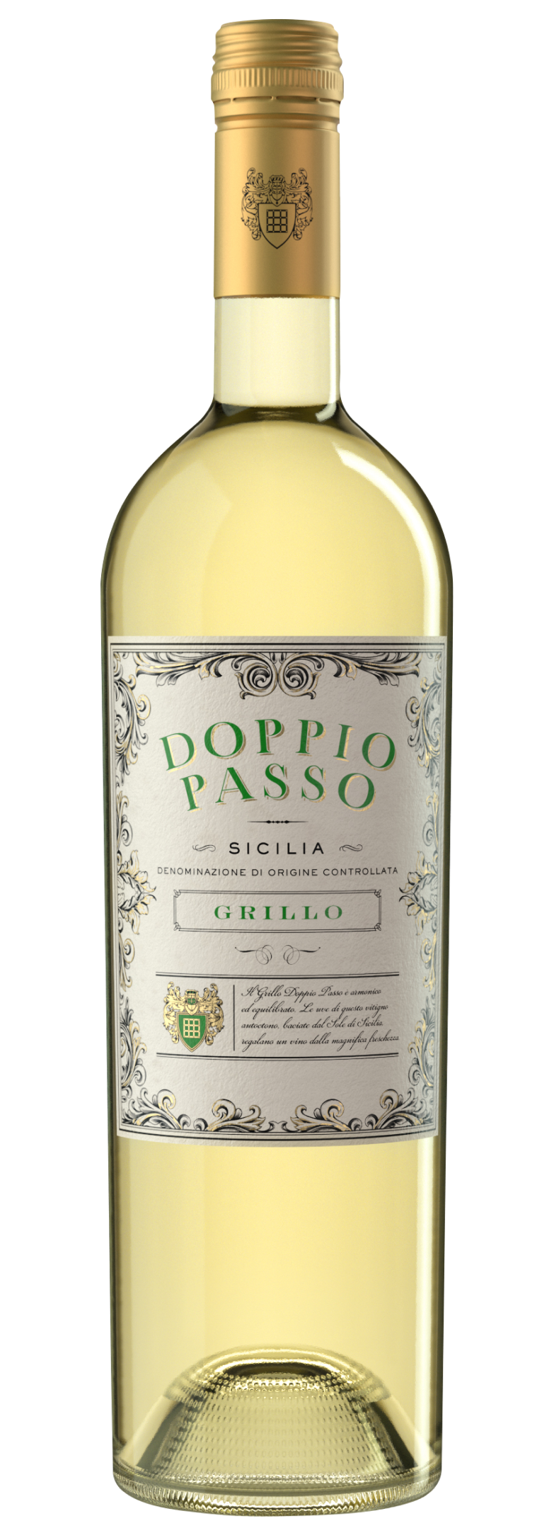 A bottle of Grillo Sicilia DOC Doppio Passo, aromatic and fruity.