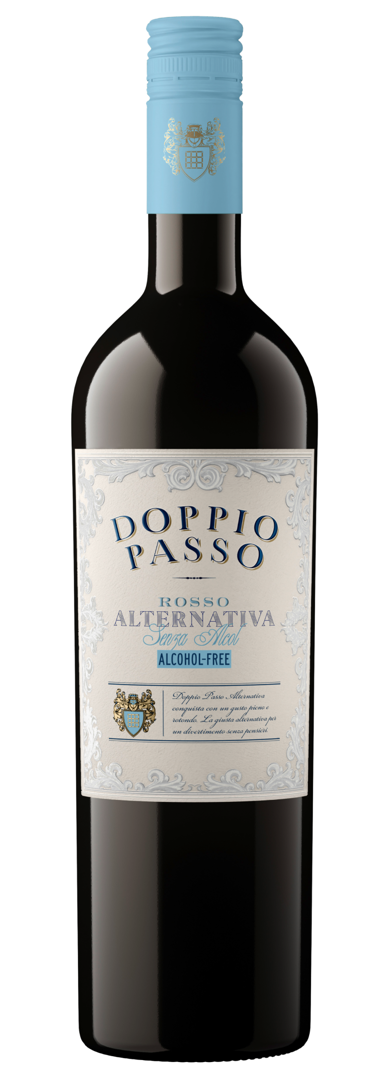 Bottiglia di Rosso Alternativa Doppio Passo, vino analcolico elegante.