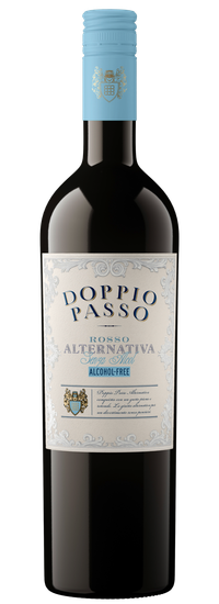 A bottle of Rosso Alternativa Doppio Passo, an elegant alcohol-free wine.