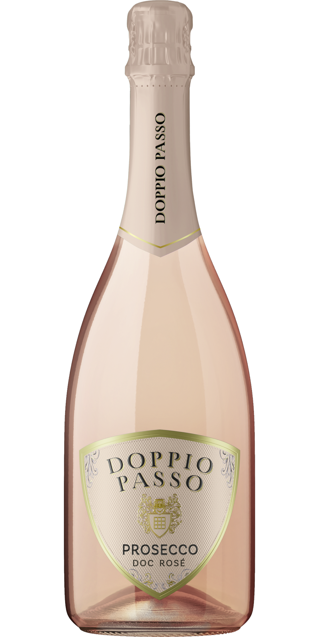 A bottle of Prosecco Rosé Doppio Passo, elegant and delicate.